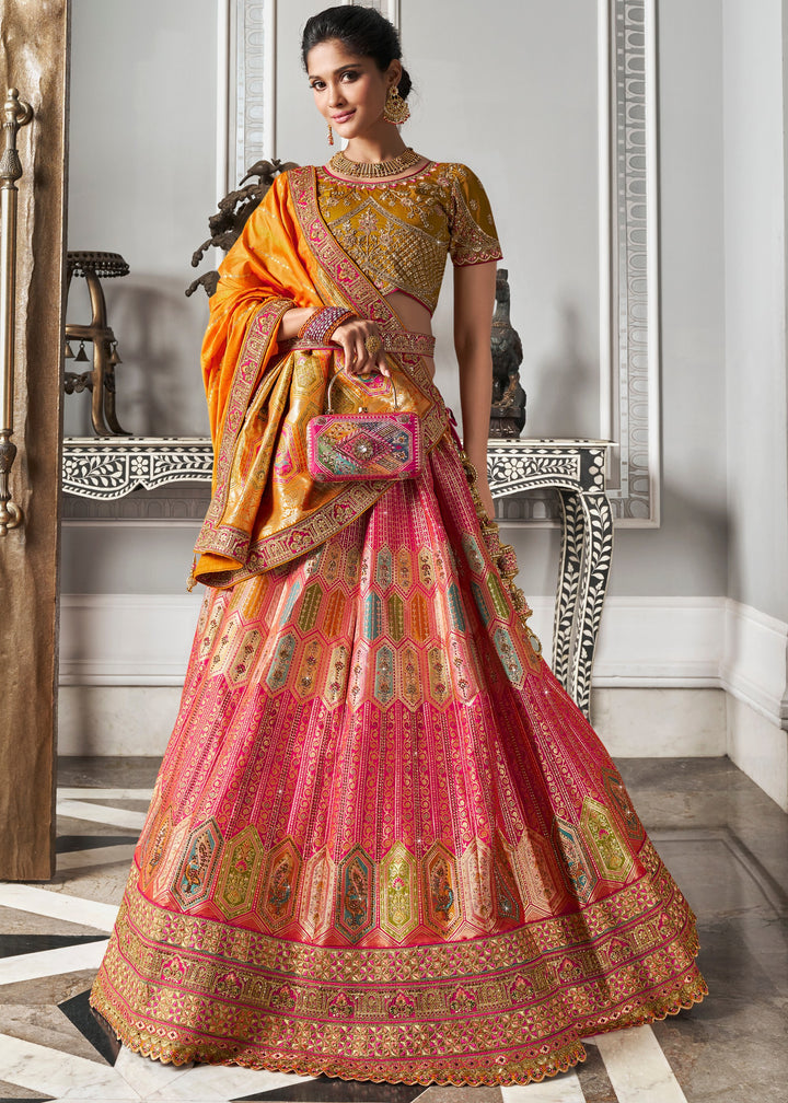 Mustard Yellow & Orange Banarasi Silk Lehenga with Zarkan Codding work