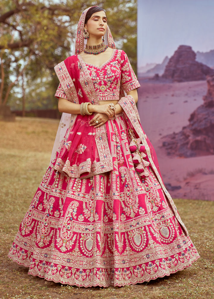 Pink Pure silk Moti, Sequins Embroidery Bridal Lehenga