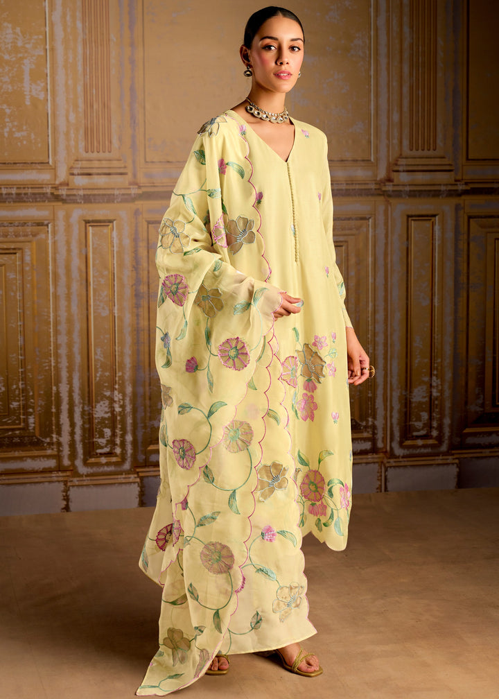 Yellow Pure Bamber Silk with Resham Embroidery Salwar Suit