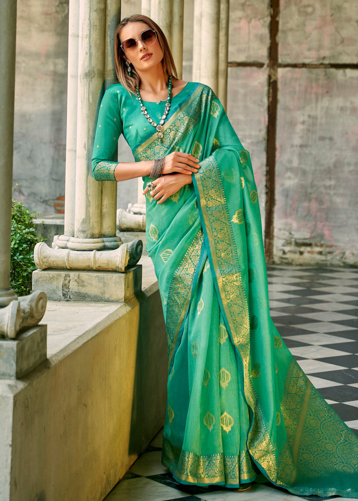 Persian Green Soft Tissue Silk Saree With Contrast Border