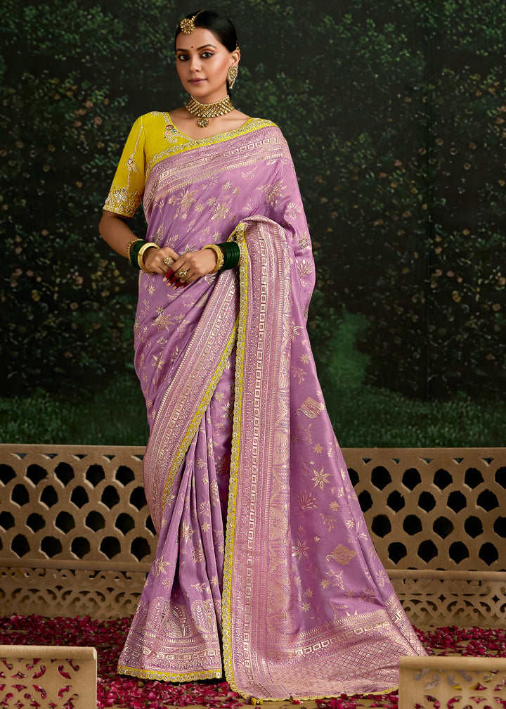 Lavender and Yellow Viscose silk Saree with Zari work