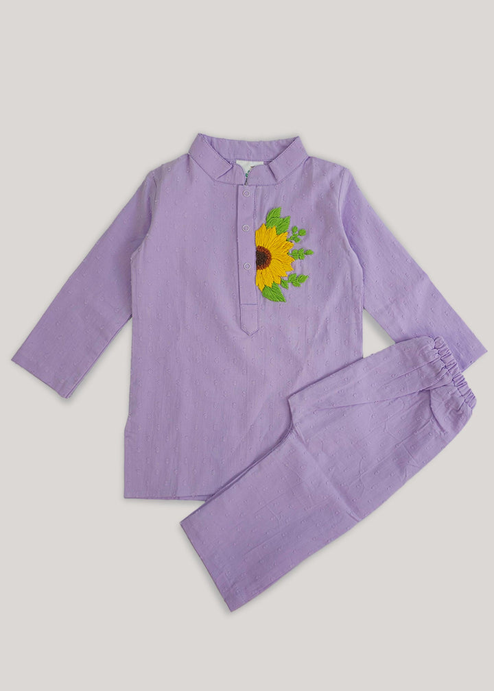 Organic Cotton Embroidered Lilac Kurta paired with Pajama Pants - Sunflower