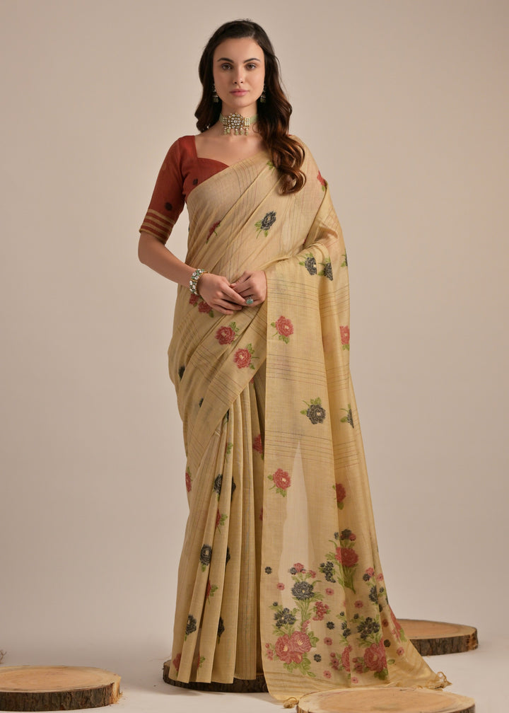 Pale Brown Thread Woven Cotton Saree With Contrast Blouse