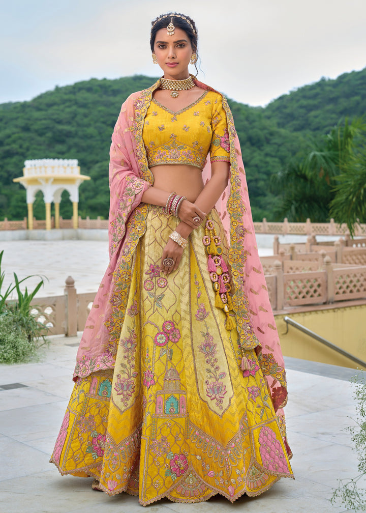 Canary Yellow and Pink Viscose Tissue Lehenga Choli with Embroidery Work (PRE-ORDER)