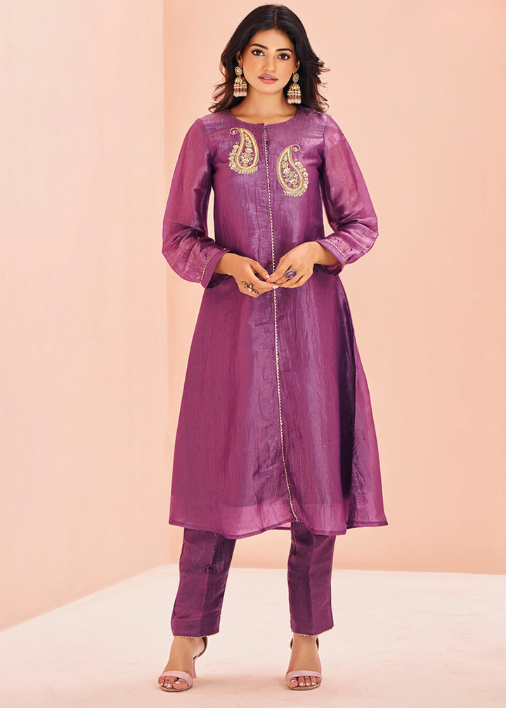 Purple Organza Handwork Kurta with Pant