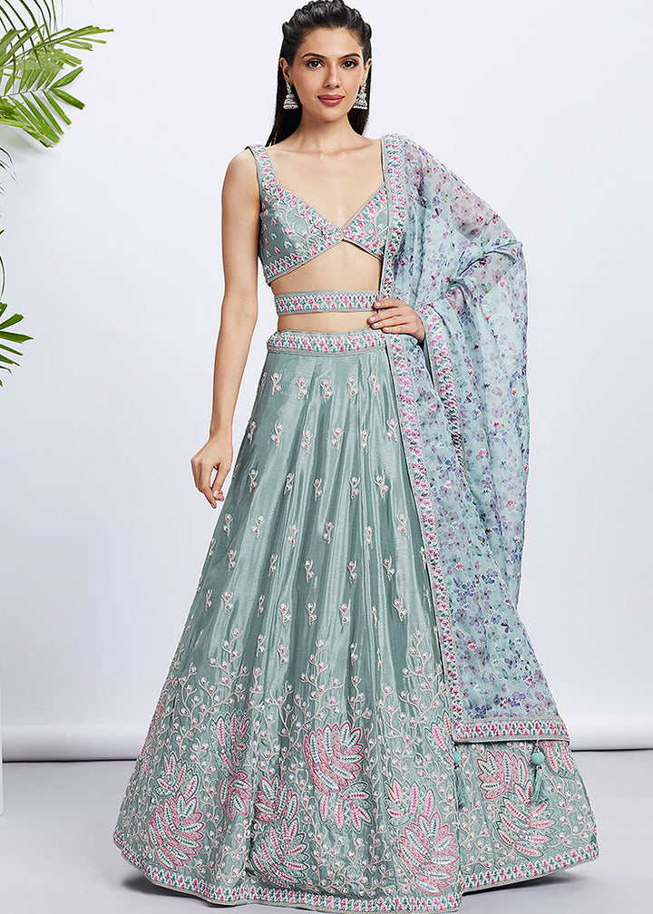 Eucalyptus Green Chiffon Lehenga Choli with Sequins & Thread Embroidery work