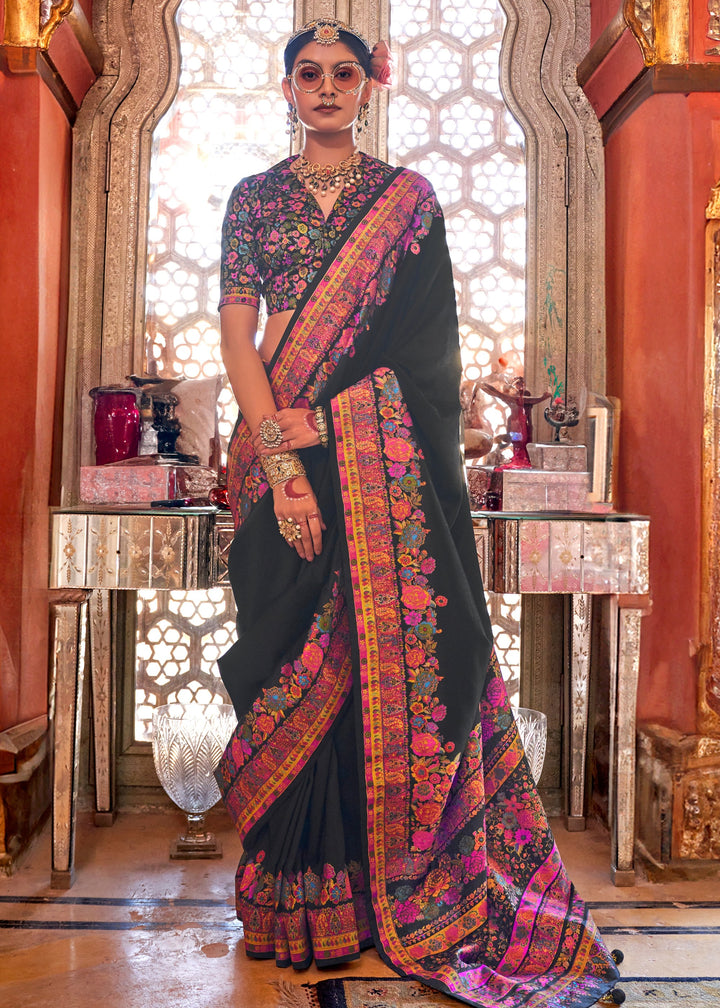 Coal Black Silk Saree With Luxury Print And Glory Finish