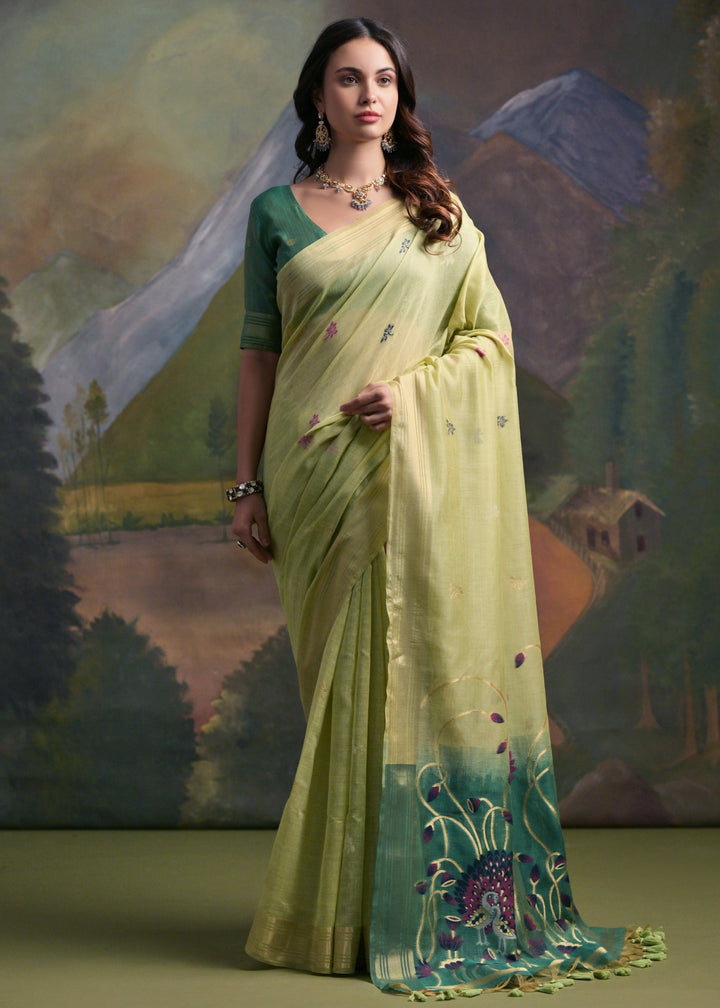 Tea Green Thread Woven Cotton Saree With Contrast Blouse And Pallu