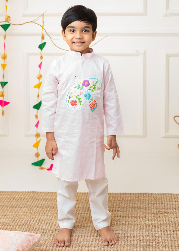 Organic Cotton Embroidered Light Pink Kurta paired with Pajama Pants - Birdpatch