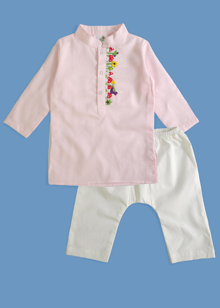 Organic Cotton Mushroom Embroidered Baby Pink Kurta paired with Pajama Pants - Cluster