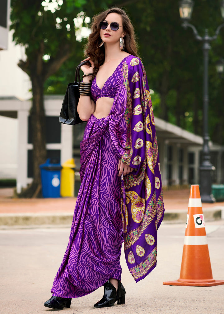 Violet Purple Printed Satin Silk Saree