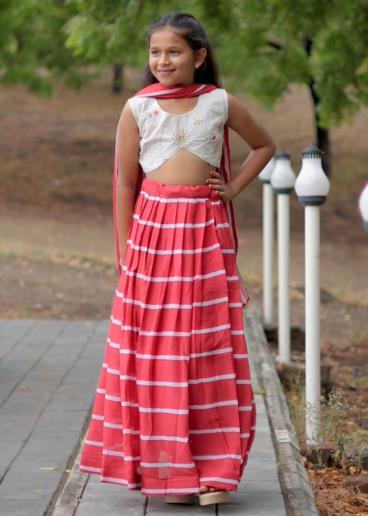 White & Red Faux Georgette With Digital Print Lehenga