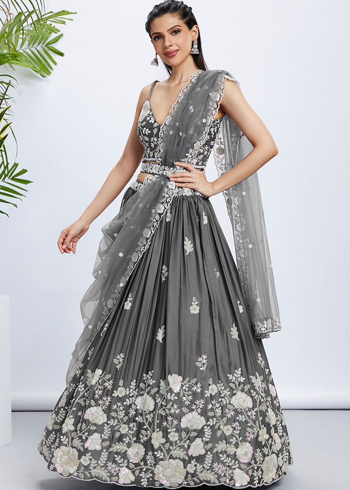 Dim Grey Georgette Lehenga Choli with Sequins & Thread Embroidery work