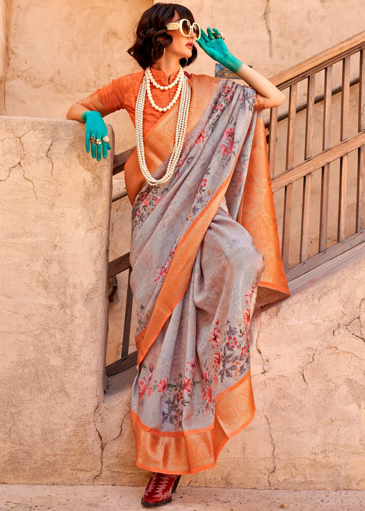 Orange and Gray Printed Handloom Georgette Saree