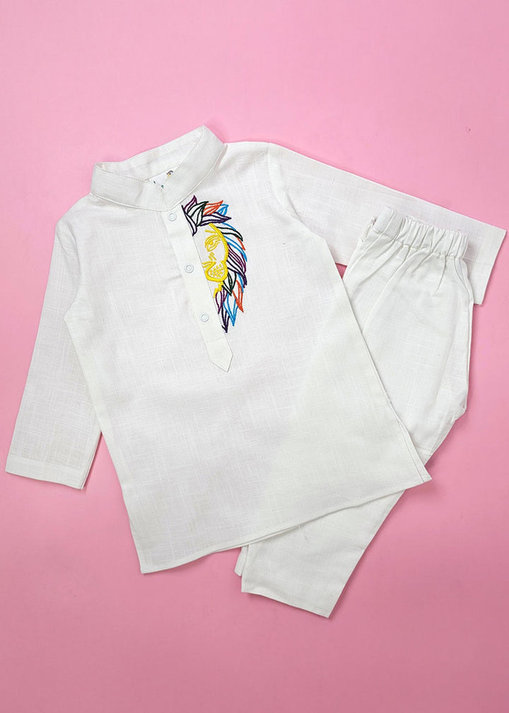 Organic Cotton Lion Embroidered White Kurta paired with Pajama Pants