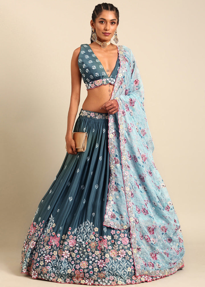 Celadon Blue Georgette Multi Sequins Lehenga Choli