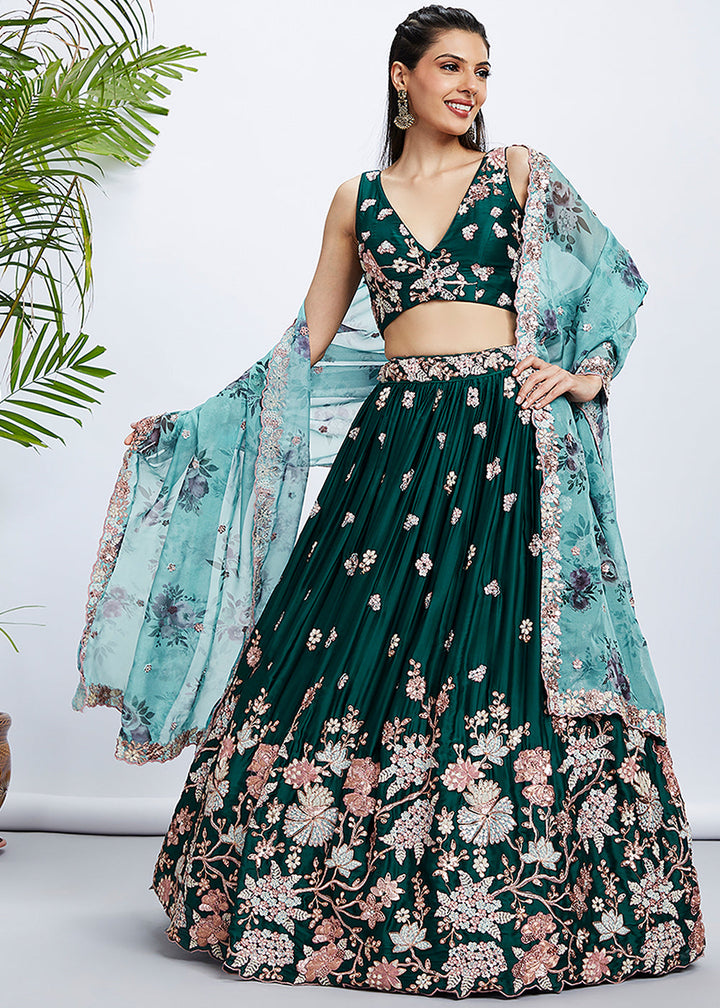 Dark Green Georgette Lehenga Choli with Sequins & Thread Embroidery work