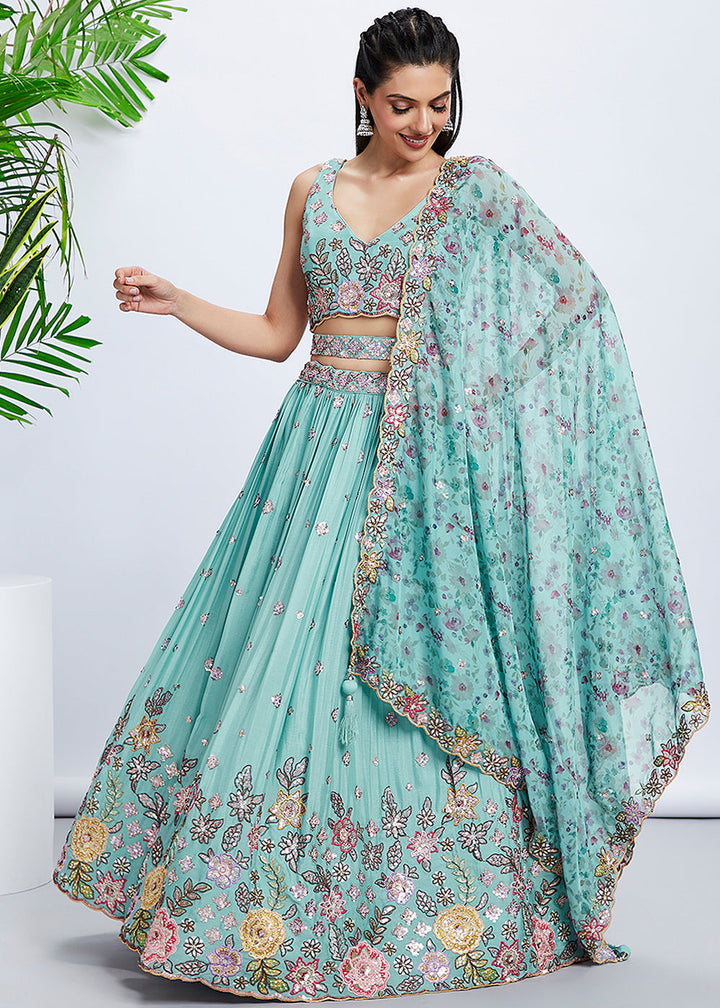 Turquoise Blue Chiffon Lehenga Choli with Sequins & Thread Embroidery work