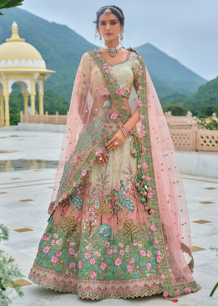 Pista Green and peach Viscose Tissue Lehenga Choli with Embroidery Work (PRE-ORDER)