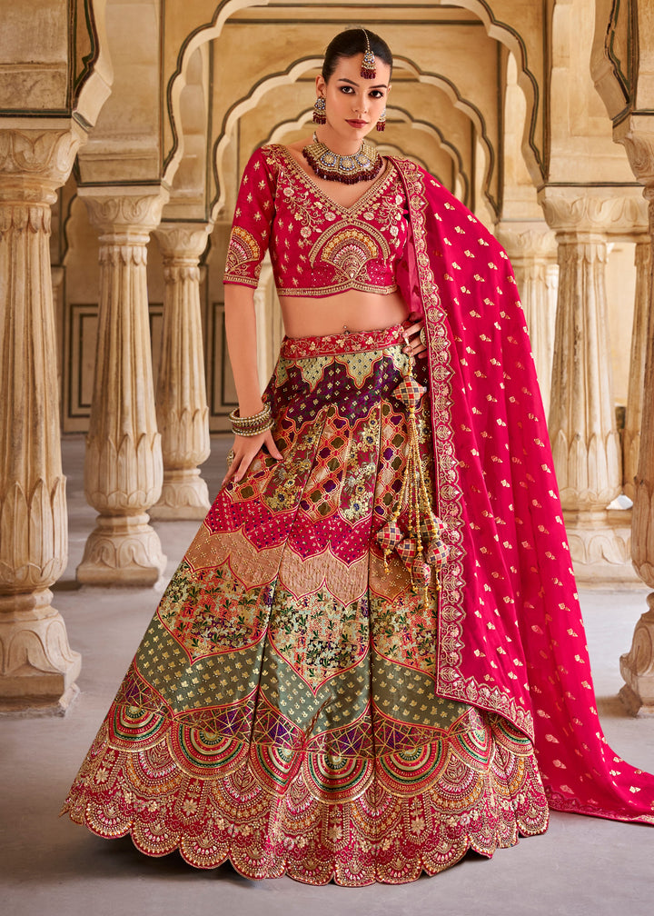 Green & Pink Banarasi Silk Lehenga Choli with Zarkan, Sequence and Thread Work