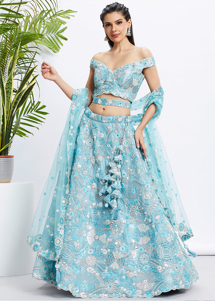 Sky Blue Organza Lehenga Choli with Sequins, Zarkan & Thread Embroidery work