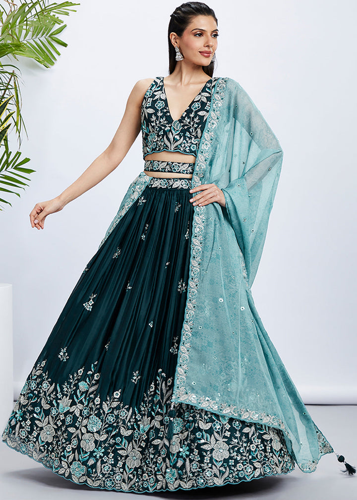 Dark Teal Green Georgette Lehenga Choli with Sequins & Thread Embroidery work