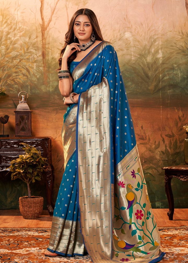 Dark Blue Paithani Silk Saree With Zari Weaving