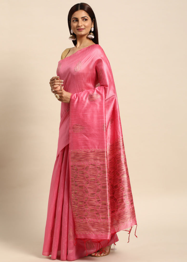 Rouge Pink Woven Handloom Raw Silk Saree