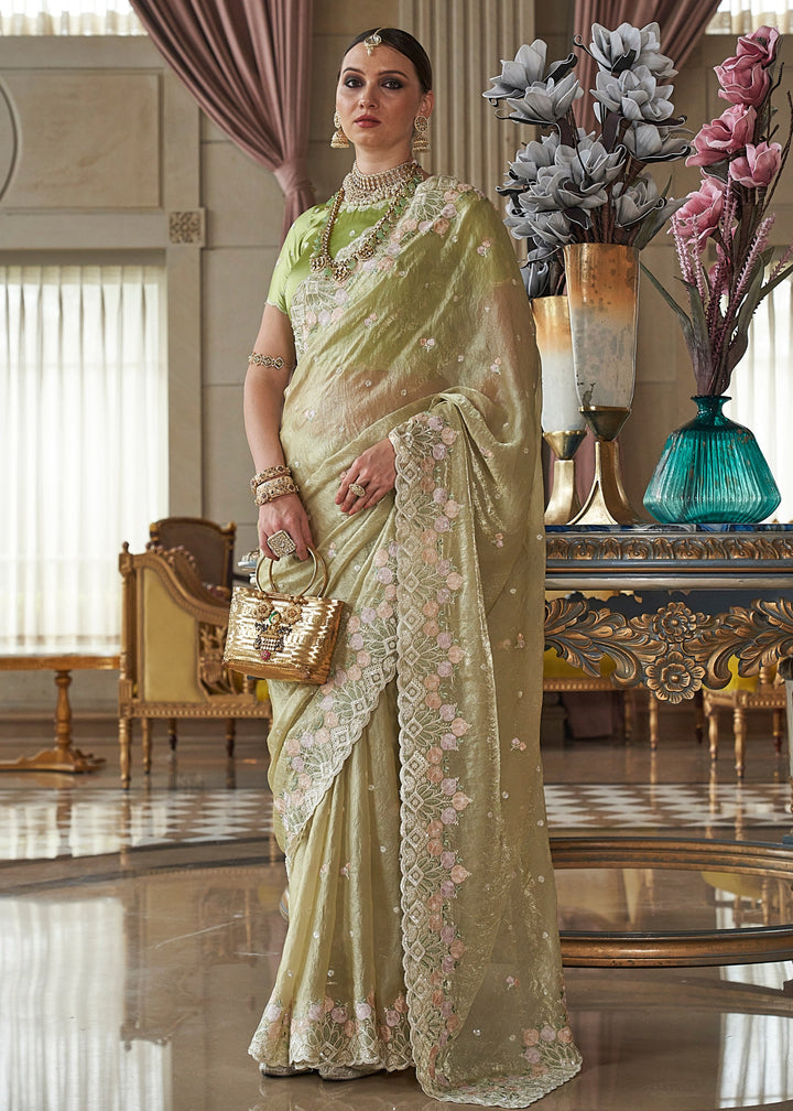 Lime Green Fancy Tissue Saree With Unique Work And Designer Blouse