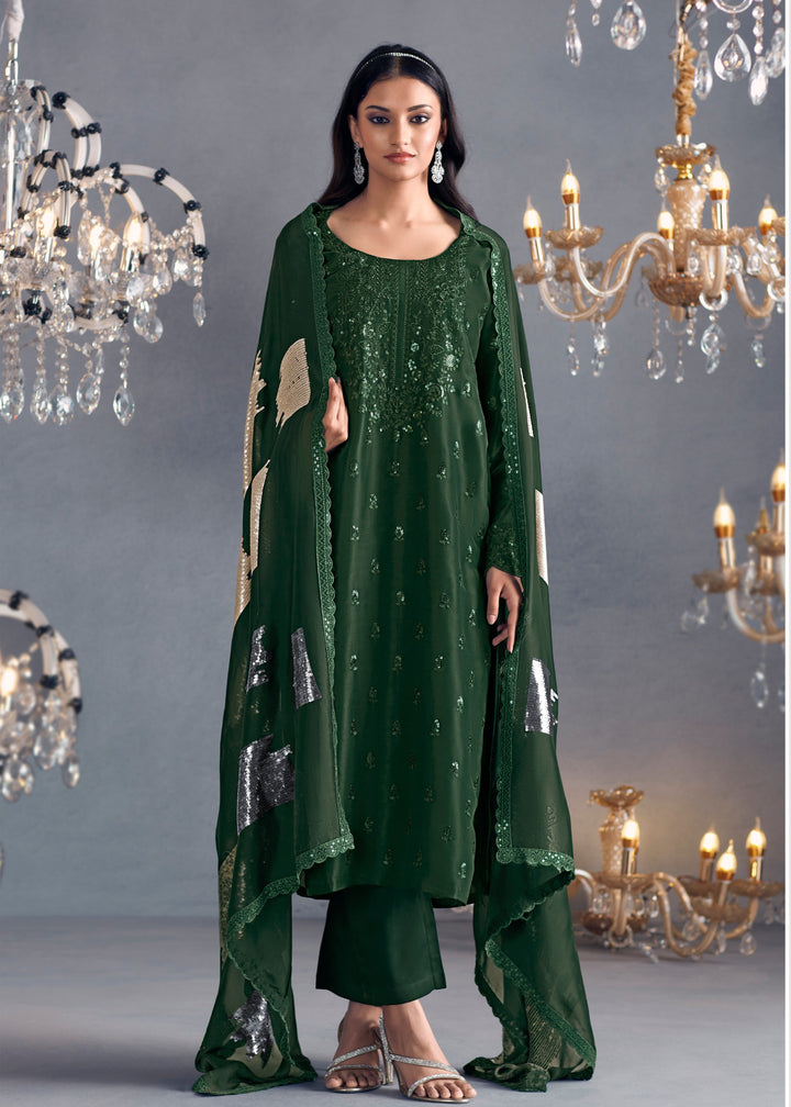 Green Hazel Russian Silk Sequins Salwar Suit