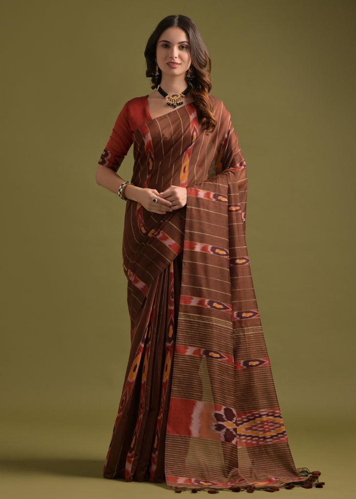 Coffee Brown Soft Ikkat Cotton Printed Saree