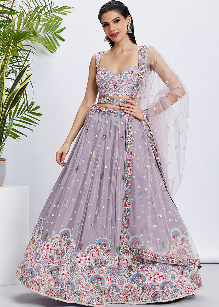 Floral Purple Chiffon Lehenga Choli with Sequins & Thread Embroidery work