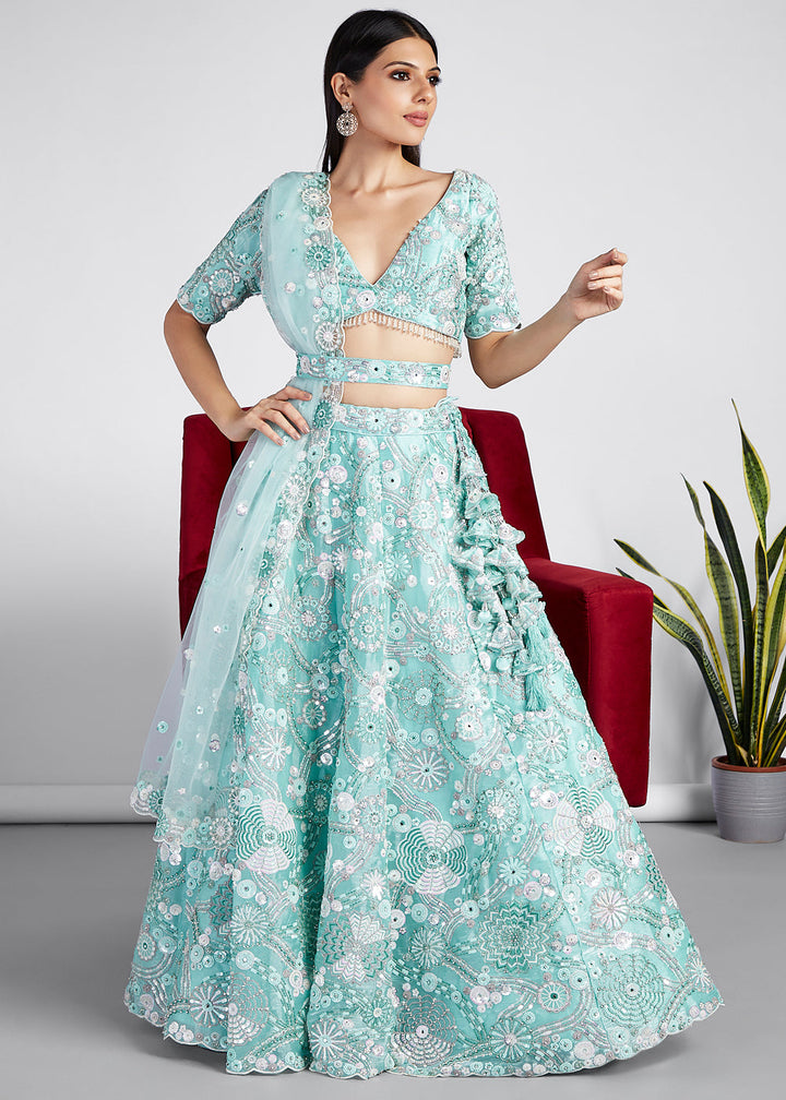 Turquoise Blue Organza Lehenga Choli with Sequins, Zarkan & Thread Embroidery work