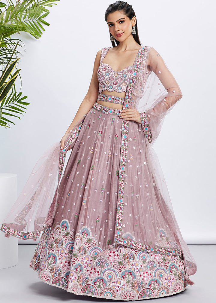 Rose Gold Chiffon Lehenga Choli with Sequins & Thread Embroidery work