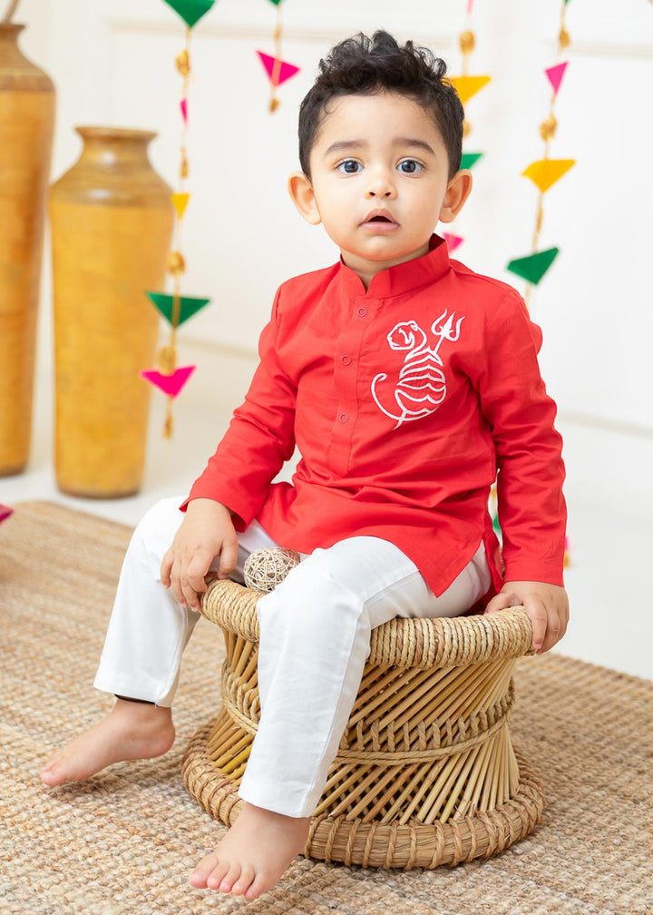 Organic Cotton Embroidered Red Kurta paired with Pajama Pants - Tiger