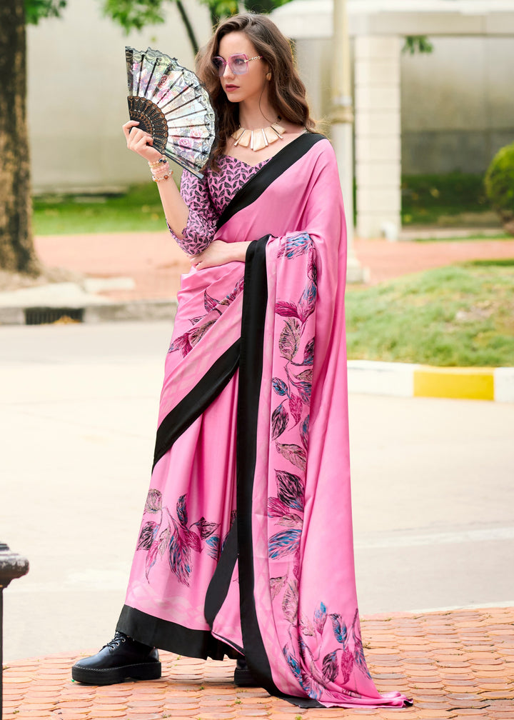 Taffy Pink  Printed Satin Silk Saree