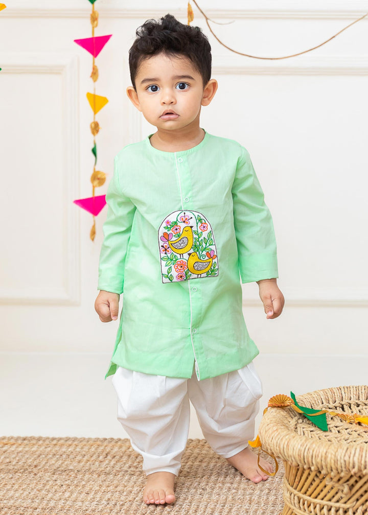 Organic Cotton Embroidered Green Kurta paired with Pajama Pants - Birds in Bloom