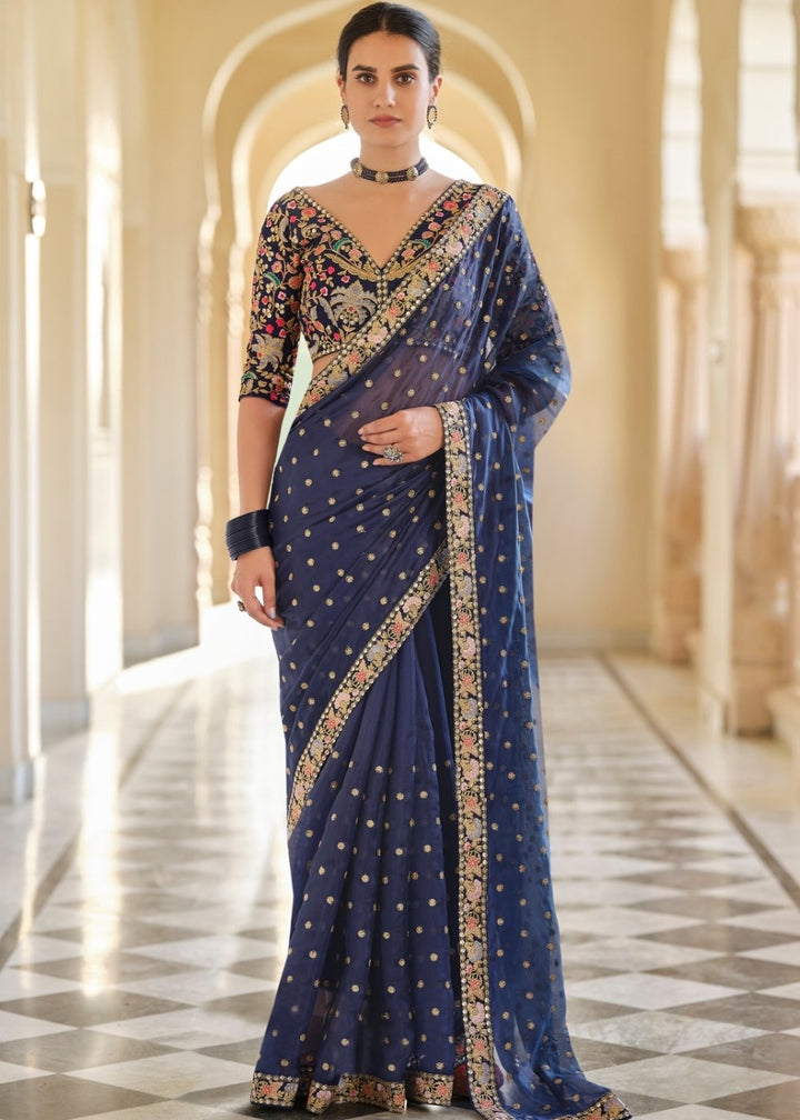 Space Blue Designer Organza Saree with Sequins,Zari & Thread work