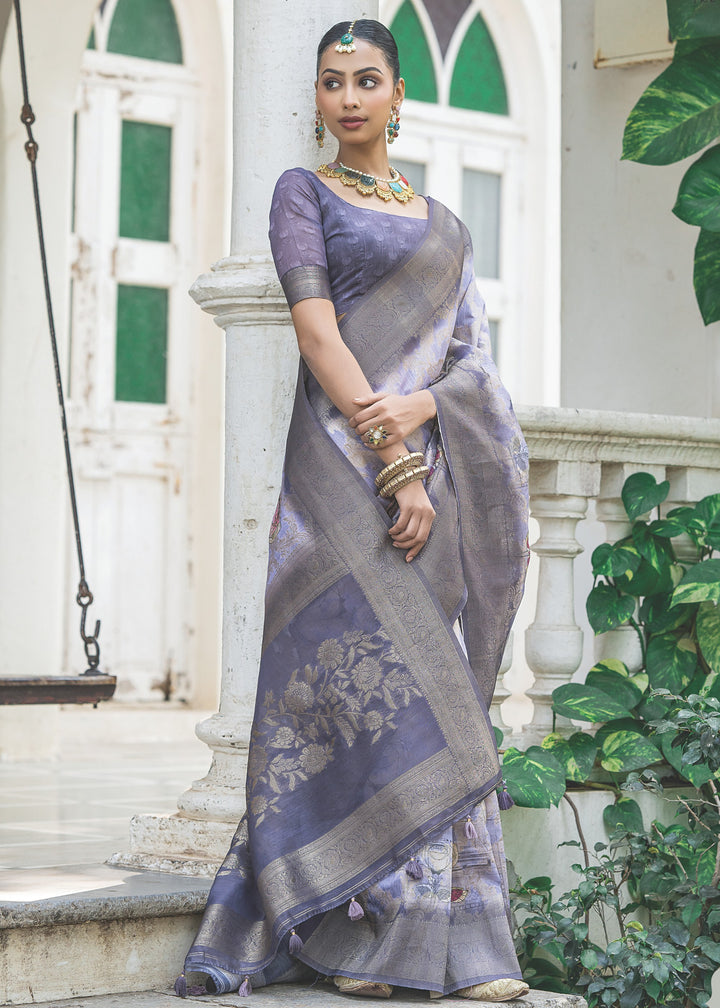 Greyish Purple Woven Silk Saree with Contrast Pallu