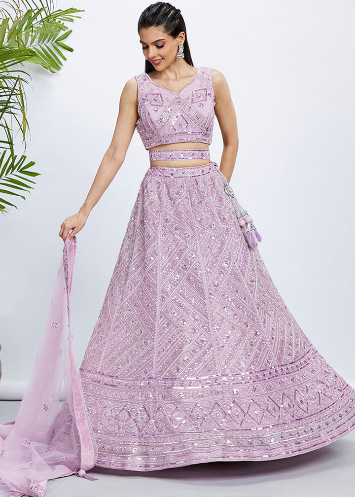 Lavender Purple Net Lehenga Choli with Cut-Dana, Sequins & Zarkan Embroidery work