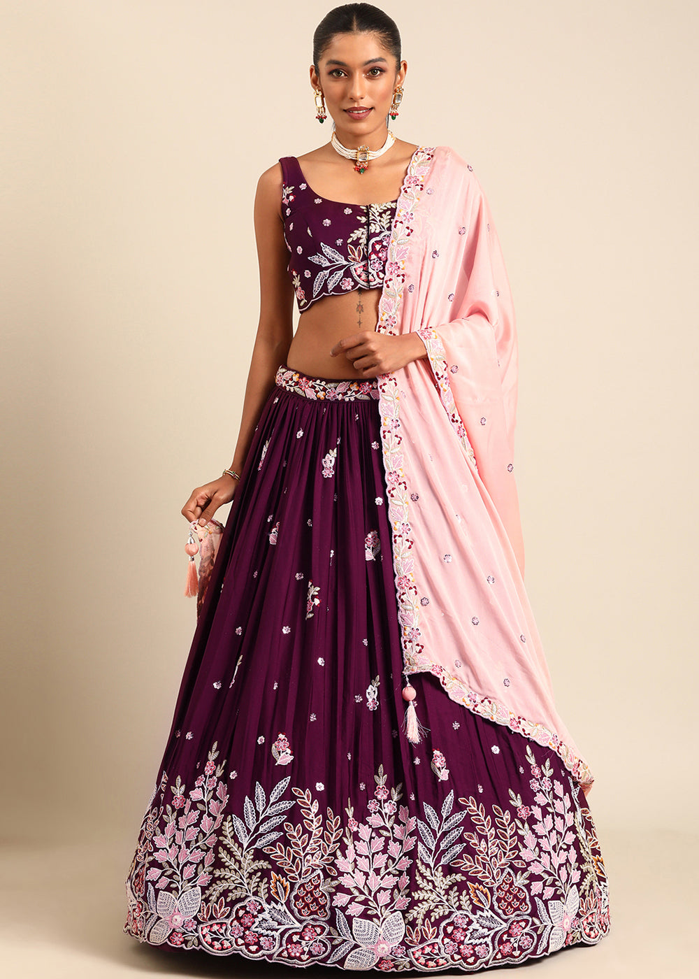 Jam Purple Georgette Lehenga Choli with Sequins & Thread Embroidery work