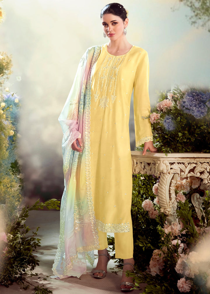 Pastel Yellow Modale Silk Salwar Suit with Embroidery