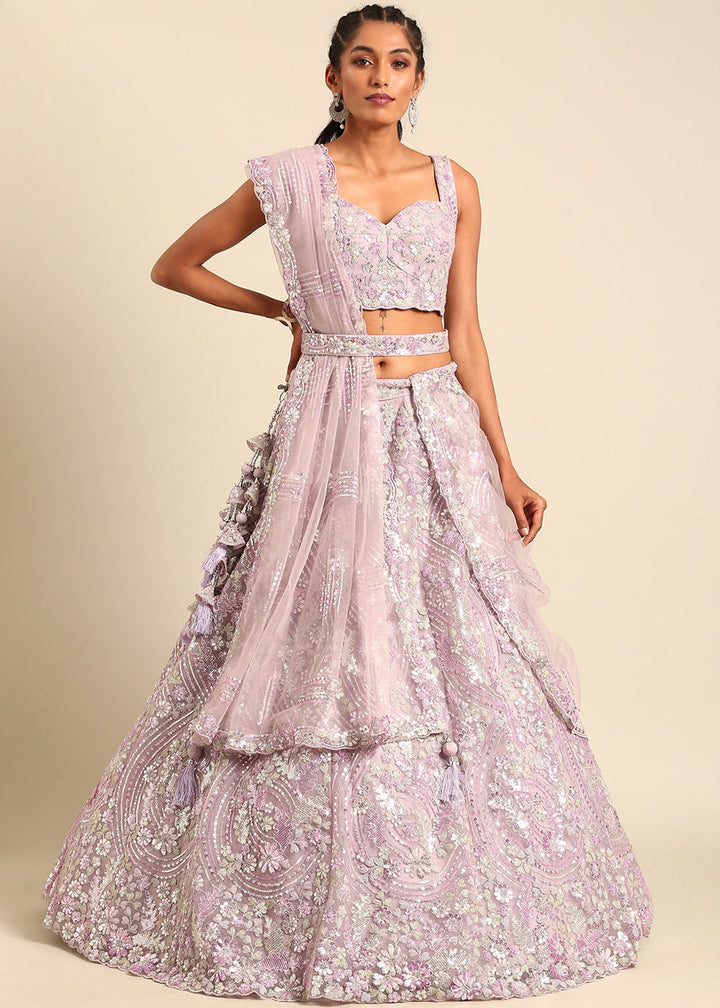 Lavender Purple Net Lehenga Choli with Sequins & Zarkan Embroidery work