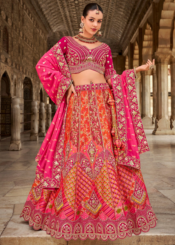 Rani Pink & Orange Banarasi Silk Lehenga Choli with Zarkan, Sequence and Thread Work