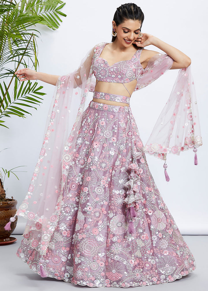 Mauve Purple Organza Lehenga Choli with Sequins, Zarkan & Thread Embroidery work