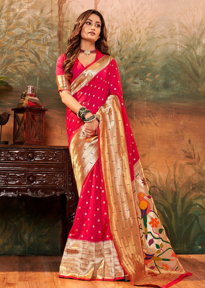 Strawberry Pink Paithani Silk Saree With Zari Weaving