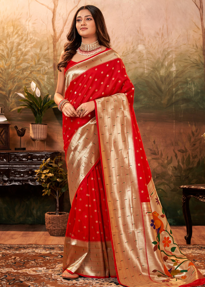 Cherry Red Paithani Silk Saree With Zari Weaving