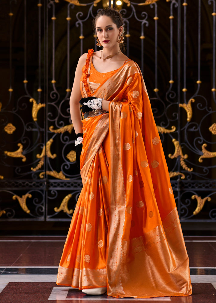 Neon Orange Satin Mungha Silk Saree