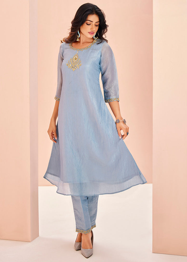 Pastel Blue Organza Handwork Kurta with Pant