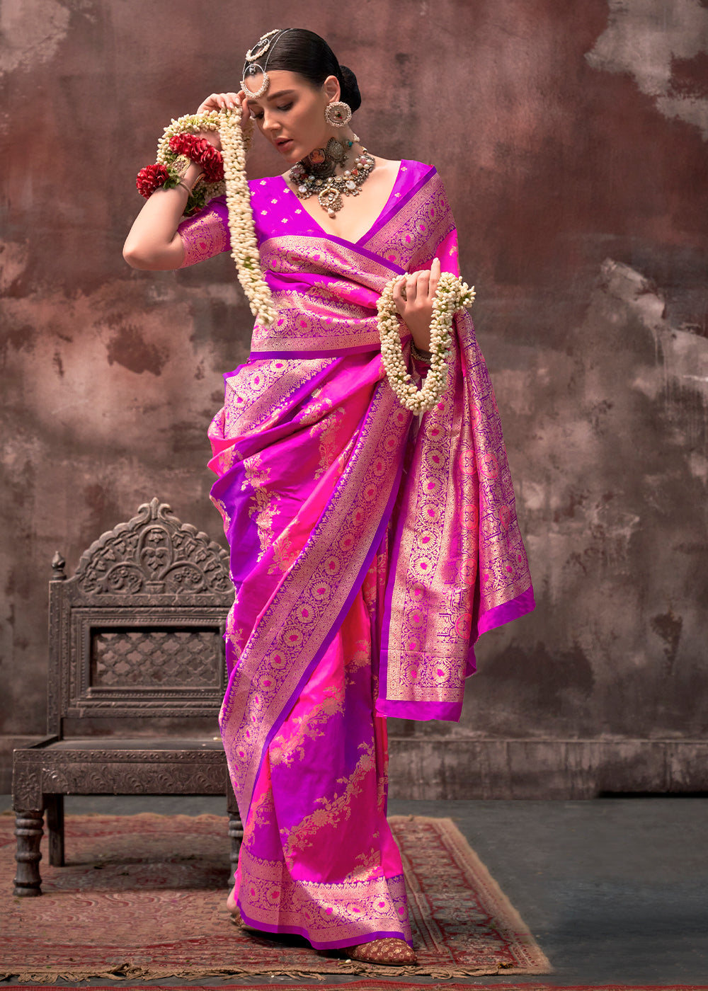 Pink & Purple Rangkaat Handloom Silk Saree